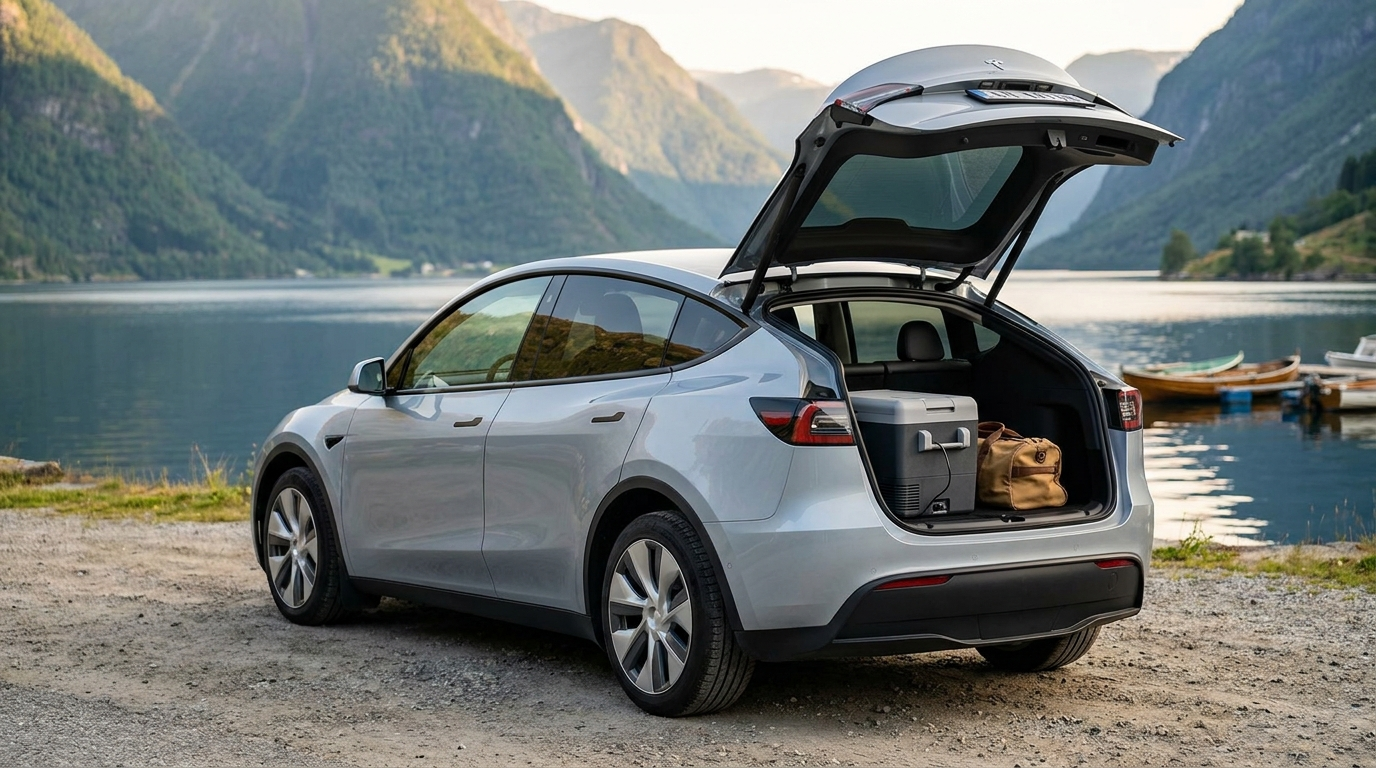 Tesla Model Y med åpen bakluke og kjøleboks i bagasjerommet, parkert ved norsk fjord