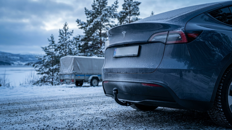 Tesla Model Y med hengerfeste en frostklar vintermorgen, frostsikker magnetisk hengerkontakt