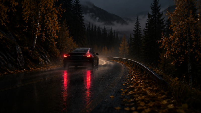 Tesla på mørk høstvei i regn, månedens tilbud i oktober hos Autohobby