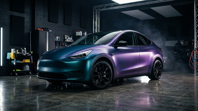 Tesla foliert med satin fargeskift i mørk studio