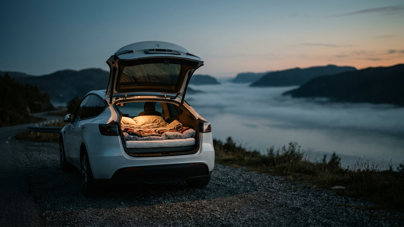 Tesla Model Y med åpen bakluke og soveplass i bagasjerommet, klar for camping i norsk sommernatt