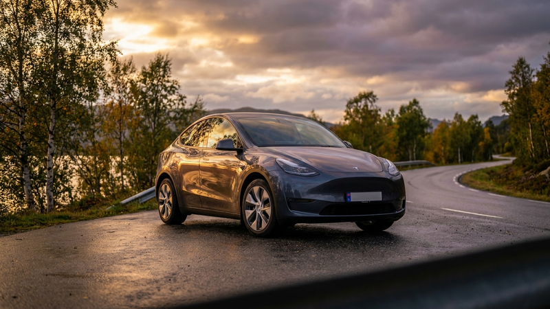 Tesla Model Y på norsk vei i sensommerlys, klar for høsten med riktig tilbehør