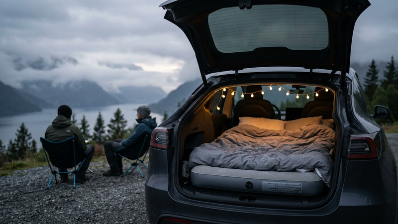 Tesla Model Y med åpen bakluke og oppblåsbar madrass klar for camping i norsk natur