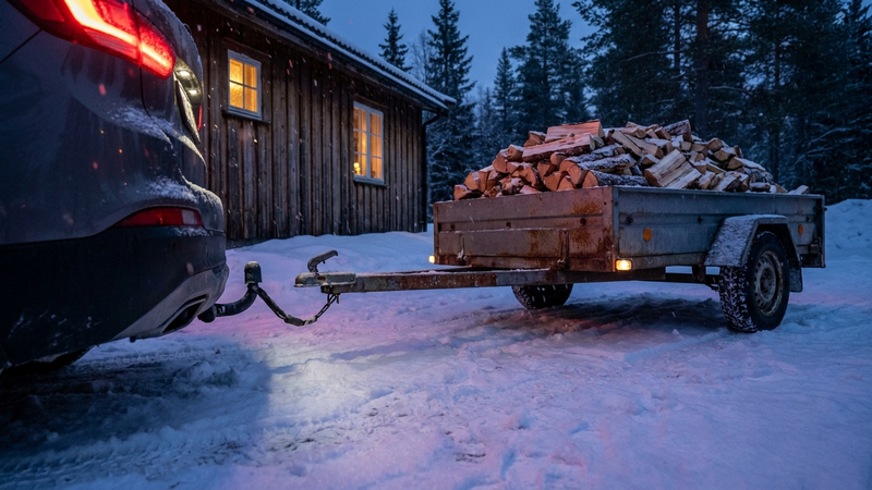 Bil med hengerfeste og tilhenger med ved i snøen en vintermorgen, klar for å koble til 13-pin hengerkontakt