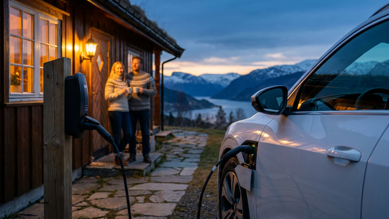 Elbil som lades med Type 2 ladekabel ved hytte på kvelden